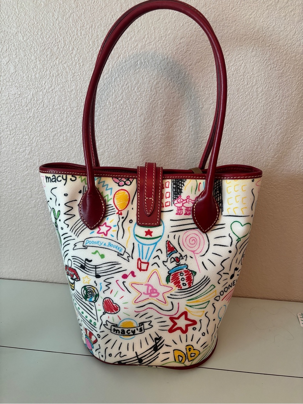 Dooney & Bourke White Multicolor Doodle Tote with Red Trim